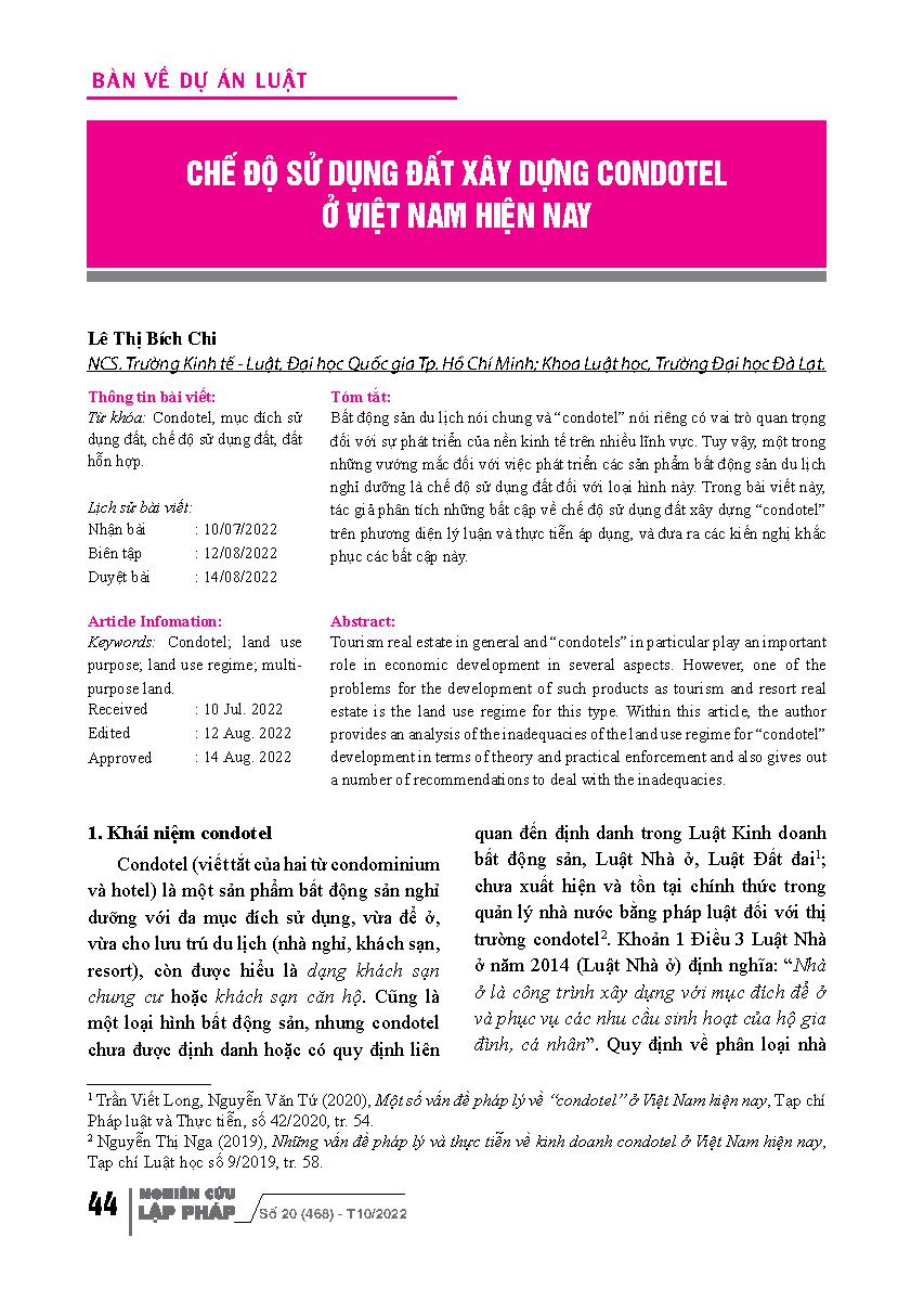 Chế độ sử dụng đất xây dựng condotel ở Việt Nam hiện nay = The Current Regime of Land Use for Condotel Construction in Vietnam