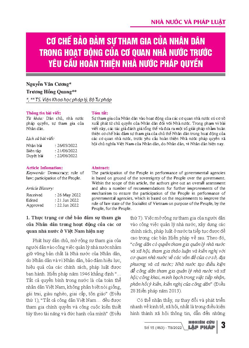 Cơ chế bảo đảm sự tham gia của nhân dân trong hoạt động của cơ quan nhà nước trước yêu cầu hoàn thiện nhà nước pháp quyền = Assurance Mechanism for Participation of the People into Performance of Governmental Agencies upon the Requirement of Improvement o