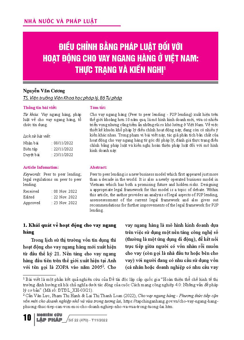 Điều chỉnh bằng pháp luật đối với hoạt động cho vay ngang hàng ở Việt Nam: thực trạng và kiến nghị = Legal Regulation on Peer-to-Peer Lending in Vietnam: Status and Recommendations