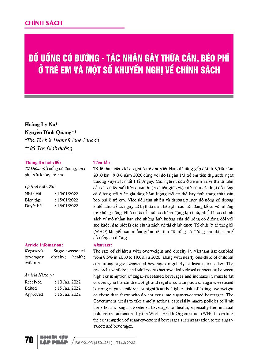 Đồ uống có đường tác nhân gây thừa cân, béo phì ở trẻ em và một số khuyến nghị về chính sách = Sugar-sweetened beverages cause overweight and obesity in children and some policy recommendations