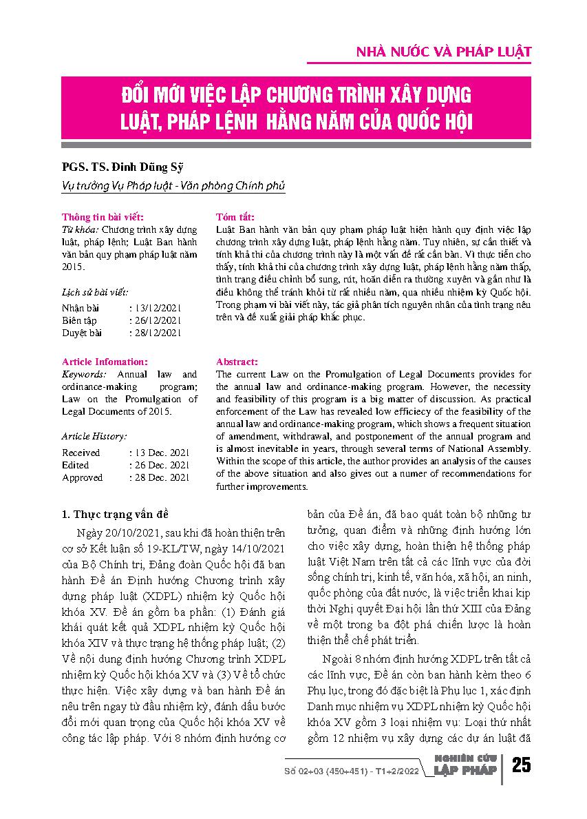 Đổi mới việc lập chương trình xây dựng luật, pháp lệnh hằng năm của quốc hội = Renovate the formulation of the annual law- and ordinance-making program of the National Assembly