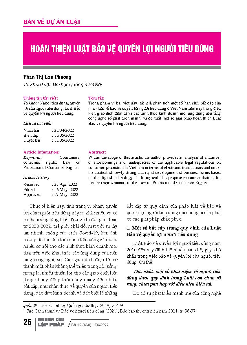 Hoàn thiện Luật Bảo vệ quyền lợi người tiêu dùng = Improvements of the Law on Protection of Consumer Rights
