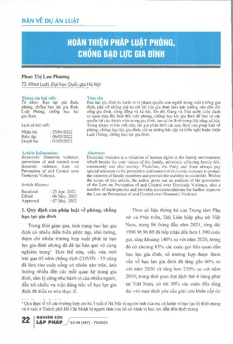 Hoàn thiện pháp luật phòng, chồng bạo lực gia đình = Completing the law on domestic violence prevention and husbandry