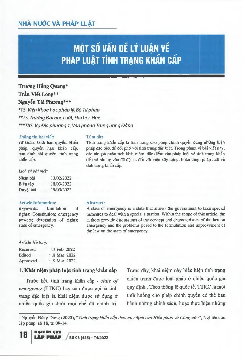 Một số vấn đề lý luận về pháp luật tình trạng khẩn cấp = Some theoretical issues about emergency law