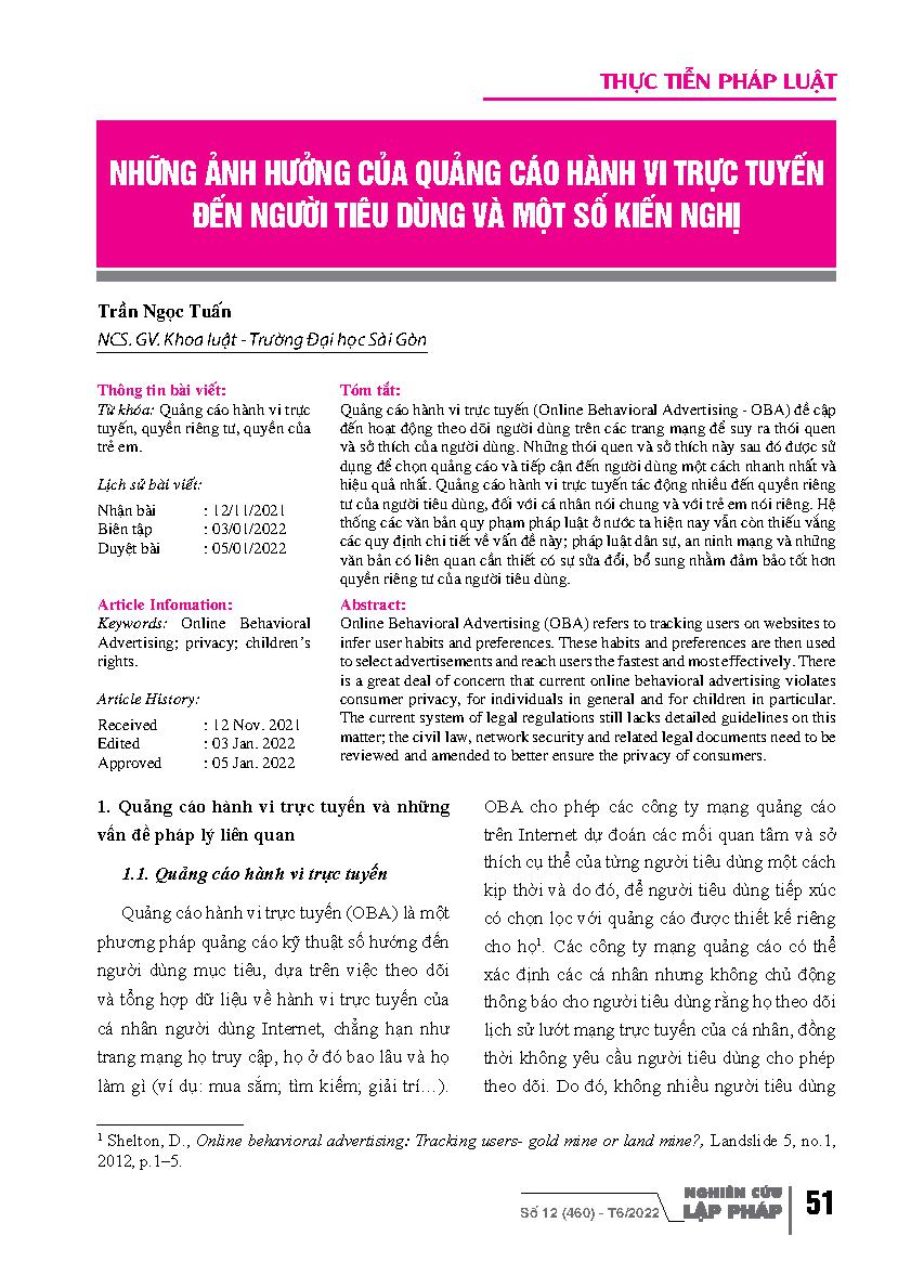 Những ảnh hưởng của quảng cáo hành vi trực tuyến đến người tiêu dùng và một số kiến nghị = The Effects of Online Behavioral Advertising on Consumers and Recommendations