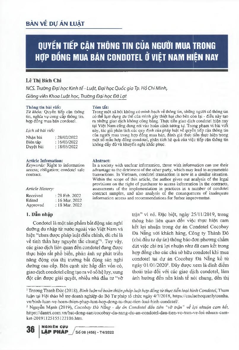 Quyền tiếp cận thông tin của người mua trong hợp đồng mua bán condotel ở Việt Nam hiện nay = Buyers' right of access to information in condotel sales contracts in Vietnam today
