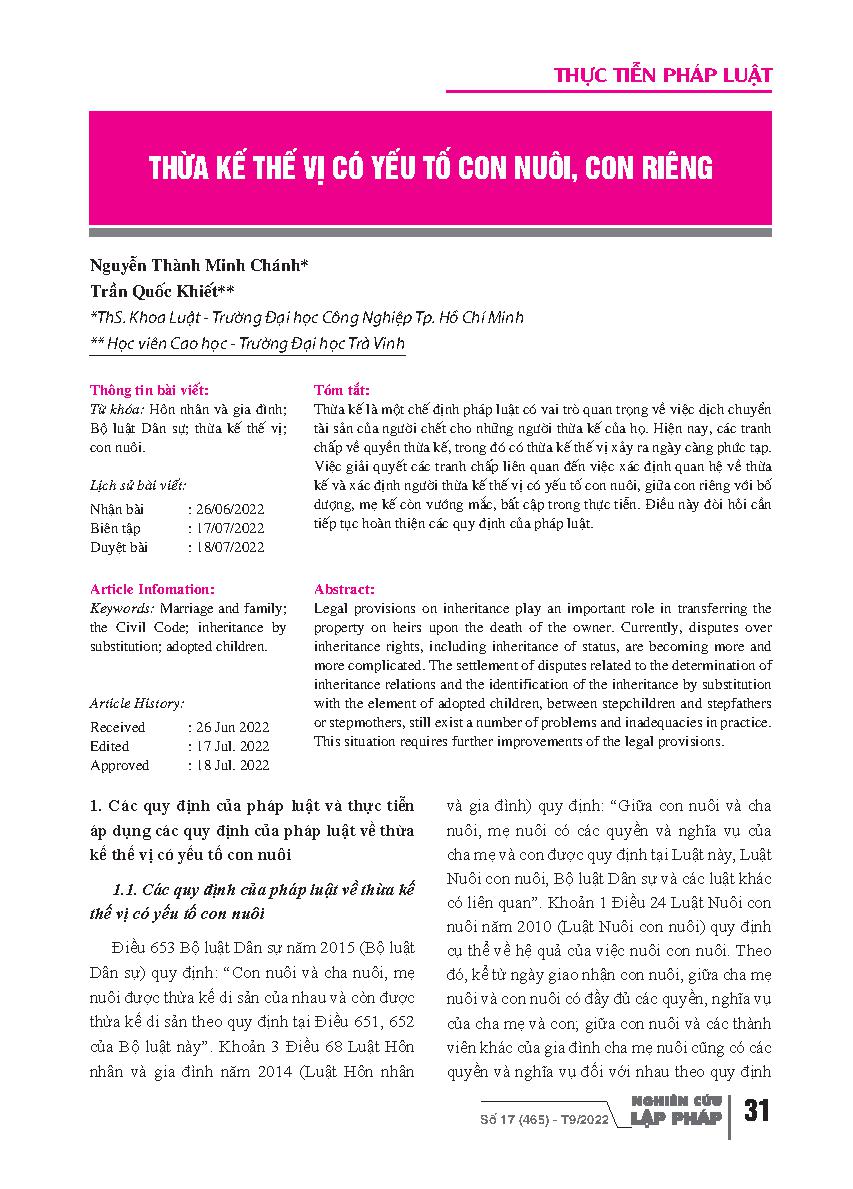 Thừa kế thế vị có yếu tố con nuôi, con riêng = Inheritance by Substitution with Elements of Adopted Children and Stepchildren