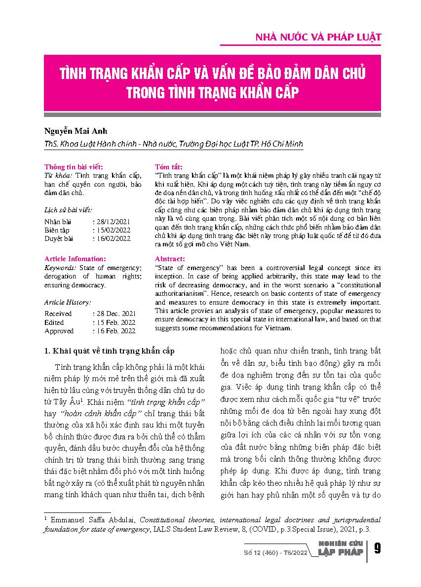Tình trạng khẩn cấp và vấn đề bảo đảm dân chủ trong tình trạng khẩn cấp = State of Emergency and Assurance of Democracy in State of Emergency