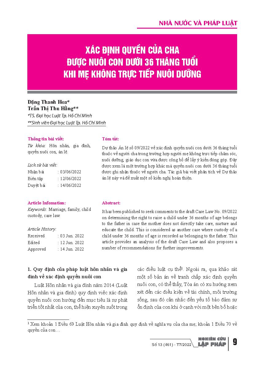 Xác định quyền của cha được nuôi con dưới 36 tháng tuổi khi mẹ không trực tiếp nuôi dưỡng = Discussion of the Father’s Custody Right to Child under 36 Months of Age when Mother not Directly Raising