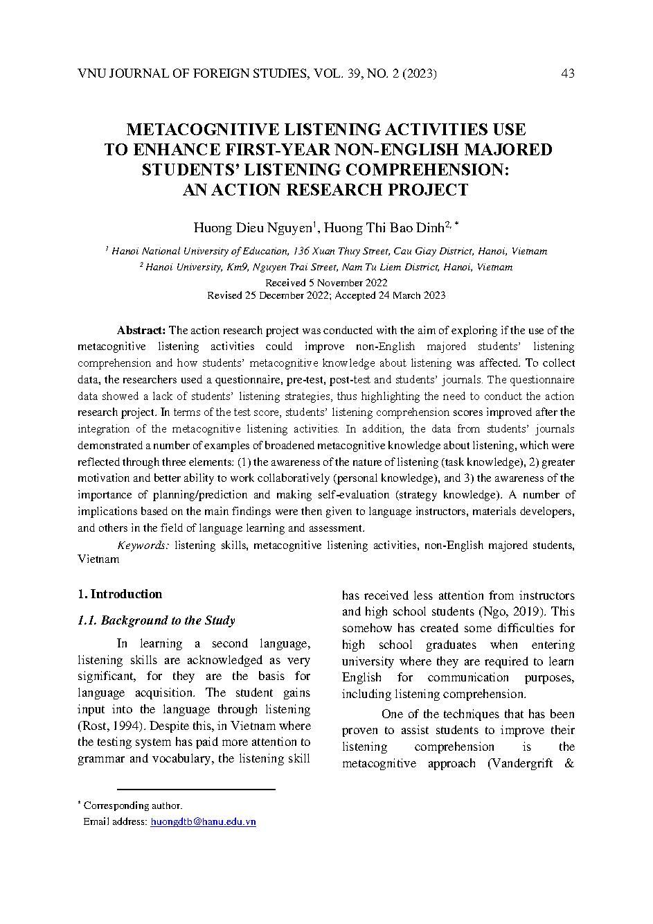Nghiên cứu hành động về việc sử dụng hoạt động nghe siêu nhận thức để cải thiện khả năng nghe hiểu của sinh viên năm thứ nhất không chuyên tiếng Anh = Metacognitive listening activities use to enhance first-year non-English majored students' listening com