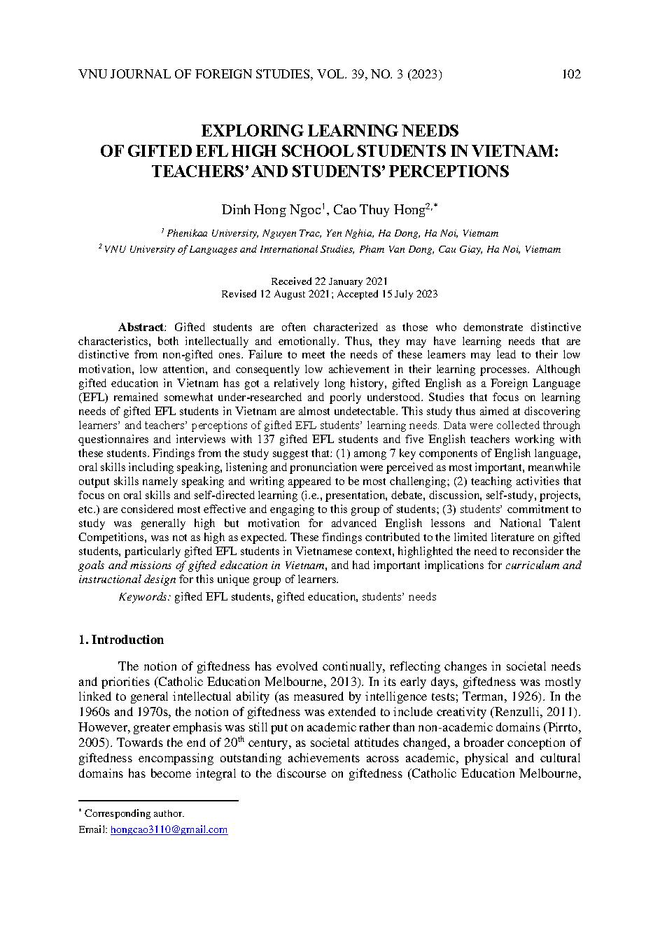 Nhu cầu học tập môn tiếng Anh của học sinh chuyên anh bậc thpt tại Việt Nam: góc nhìn của giáo viên và học sinh = Exploring learning needs of gifted EFL high school students in Vietnam: teachers' and students' perceptions