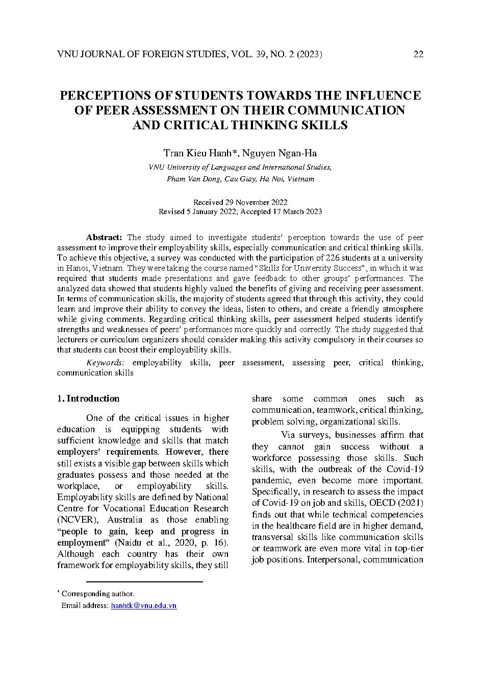 Quan điểm của sinh viên về ảnh hưởng của hoạt động đánh giá đồng đẳng đối với kỹ năng nghề nghiệp = Perceptions of students towards the influence of peer assessment on their communication and critical thinking skills