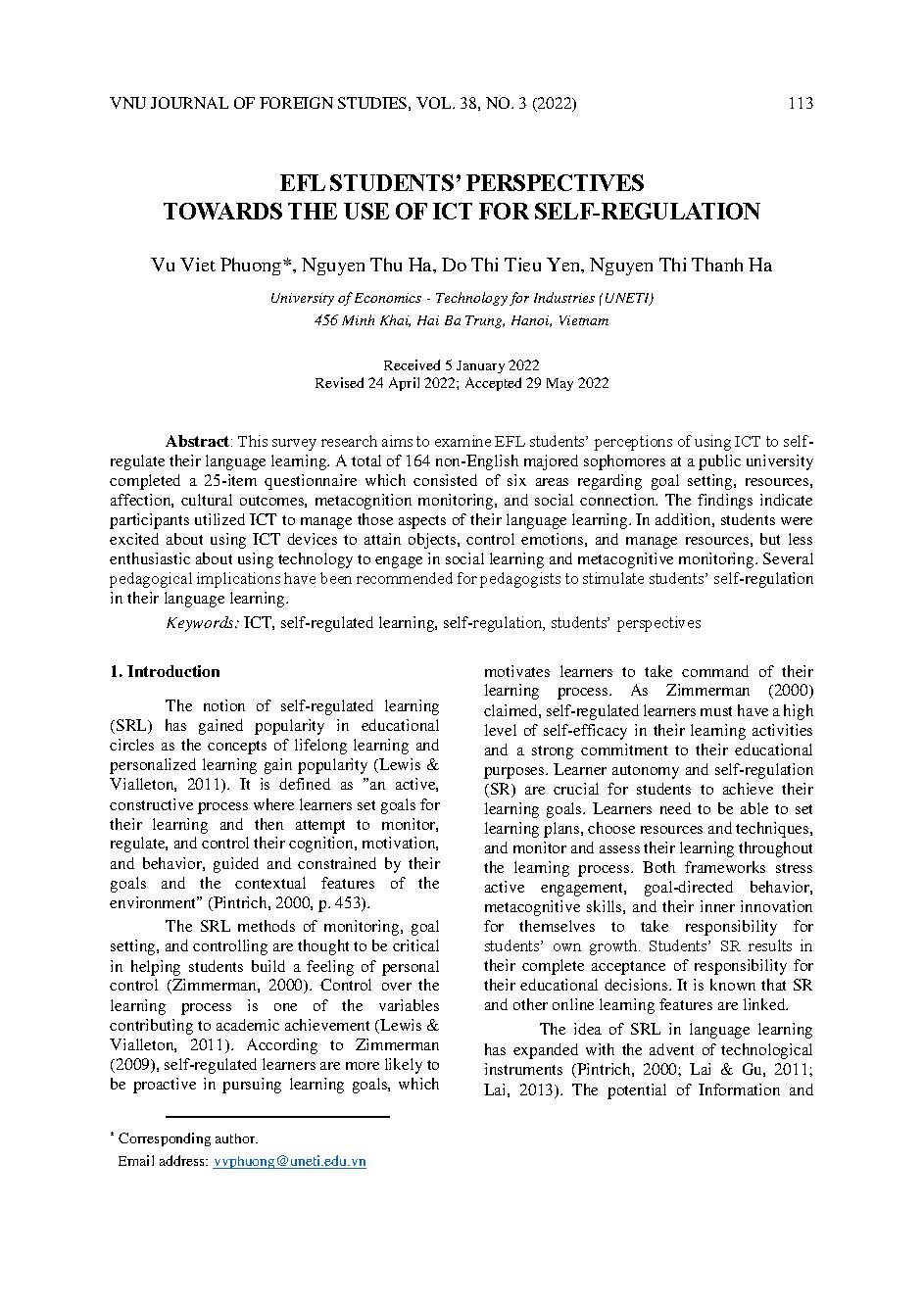Quan điểm của sinh viên tiếng Anh trong việc sử dụng công nghệ thông tin để tự điều chỉnh việc học tiếng Anh = EFL students’ perspectives towards the use of ICT for self-regulation