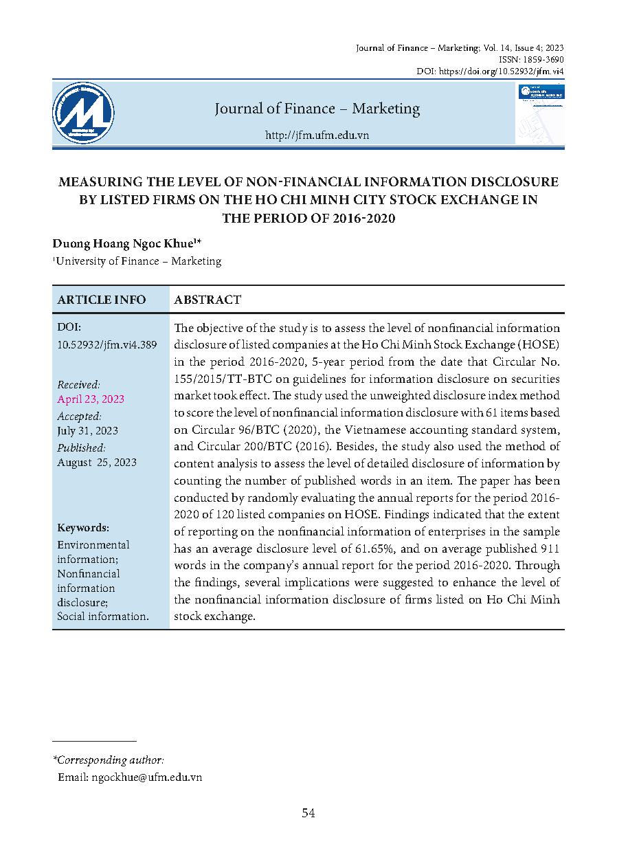 Đo lường mức độ công bố thông tin phi tài chính của các doanh nghiệp niêm yết tại Sở Giao dịch chứng khoán Thành phố Hồ Chí Minh giai đoạn 2016 - 2020 = Measuring the level of non-financial information disclosure by listed firms on the Ho Chi Minh city st