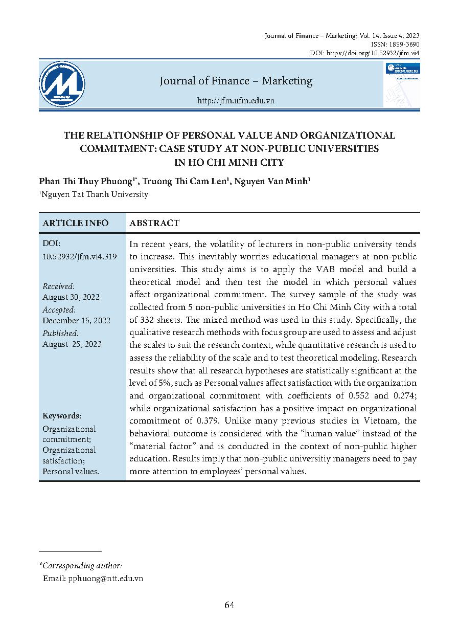 Mối quan hệ của giá trị cá nhân và sự gắn kết với tổ chức: Nghiên cứu trường hợp tại các trường đại học ngoài công lập tại Thành phố Hồ Chí Minh = The relationship of personal value and organizational commitment: case study at non-public universities in H