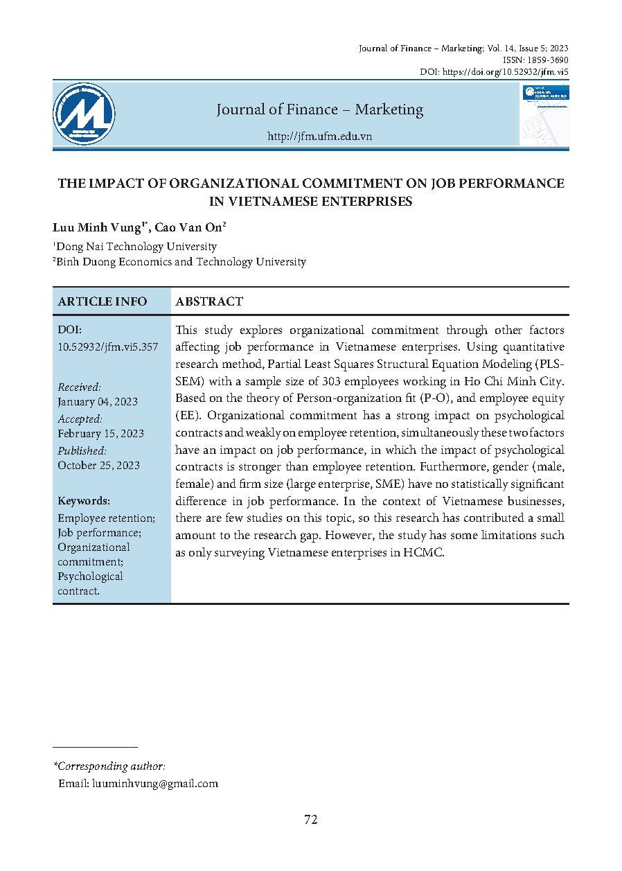 Tác động của cam kết với tổ chức đến hiệu quả công việc tại doanh nghiệp Việt Nam = The impact of organizational commitment on job performance in Vietnamese enterprises