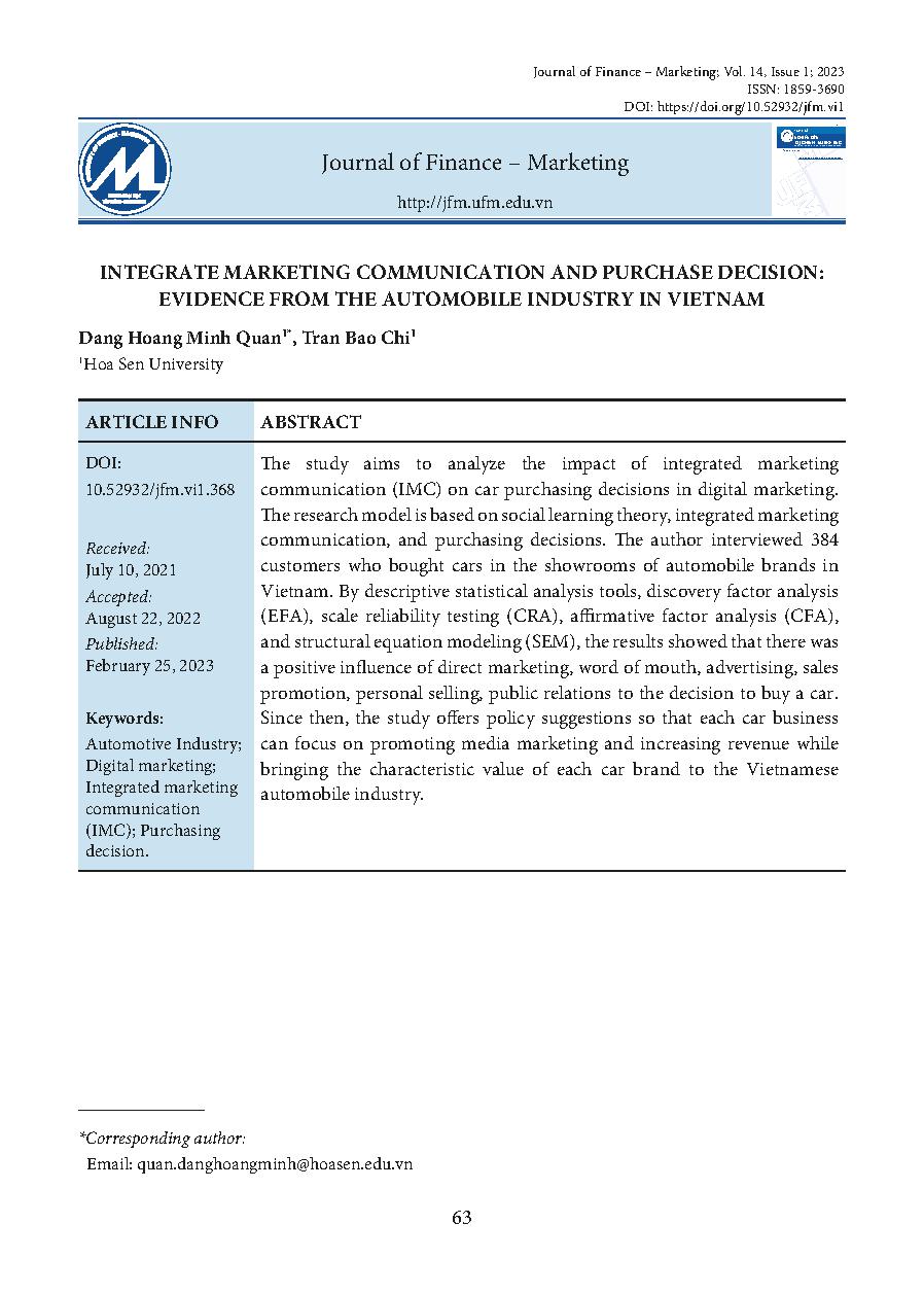 Truyền thông tiếp thị tích hợp và quyết định mua hàng: Bằng chứng từ ngành công nghiệp xe ô tô Việt Nam = Integrate marketing communication and purchase decision: evidence from the automobile industry in Vietnam