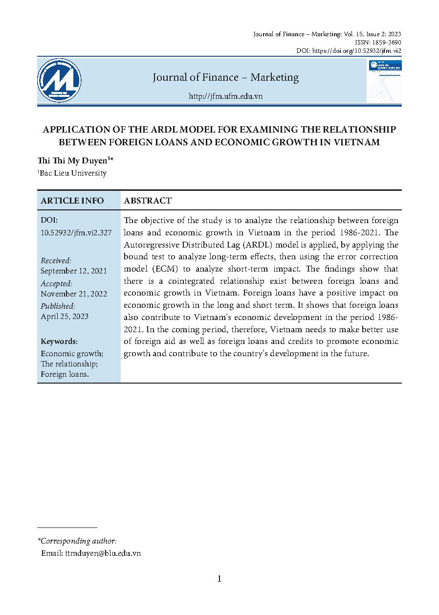 Ứng dụng mô hình ARDL đánh giá mối quan hệ vay nợ nước ngoài và tăng trưởng kinh tế tại Việt Nam = Application of the ARDL model for examining the relationship between foreign loans and economic growth in Vietnam