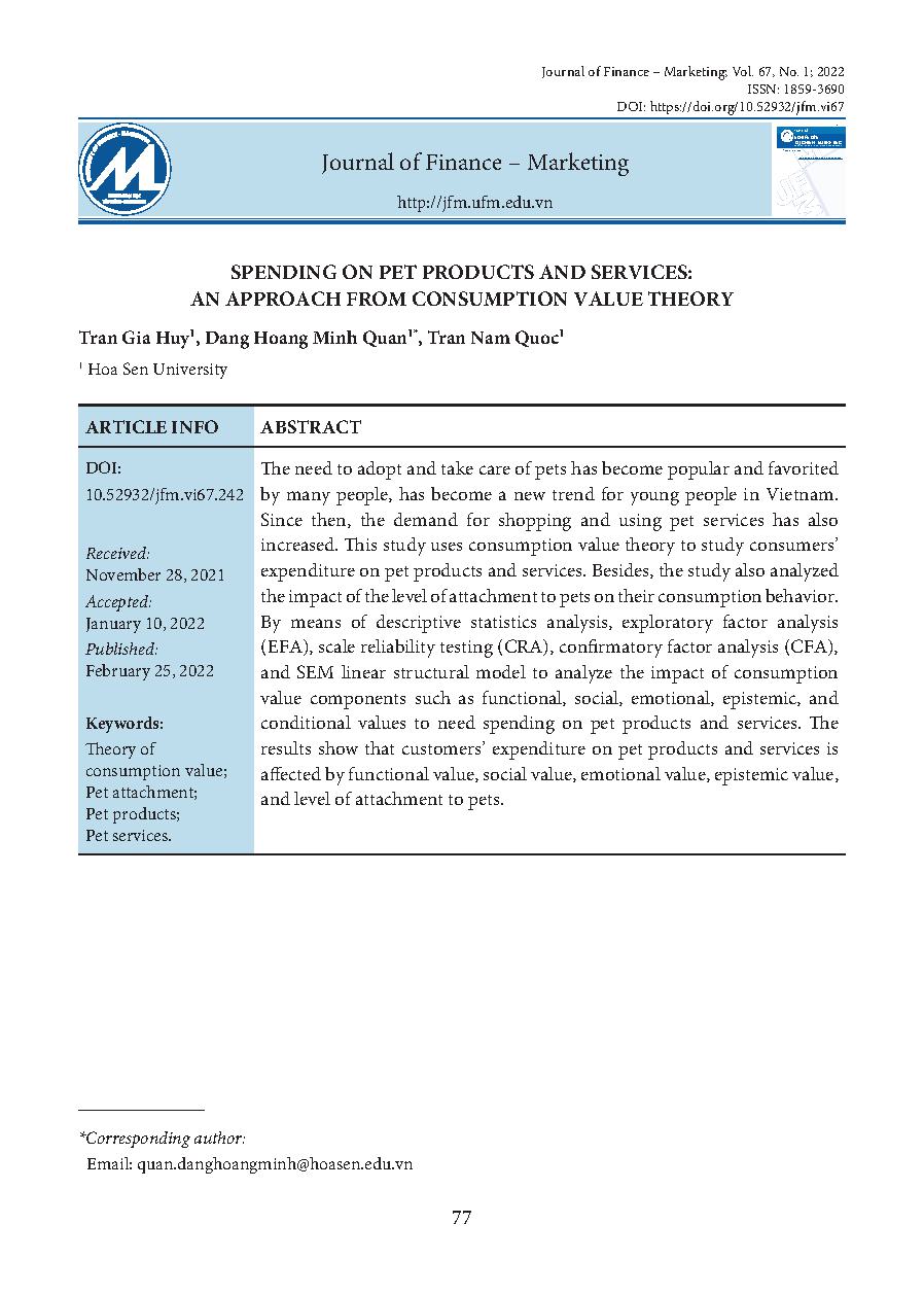 Chi tiêu cho sản phẩm và dịch vụ thú cưng: Tiếp cận từ thuyết giá trị tiêu dùng = Spending on pet products and services: an approach from consumption value theory