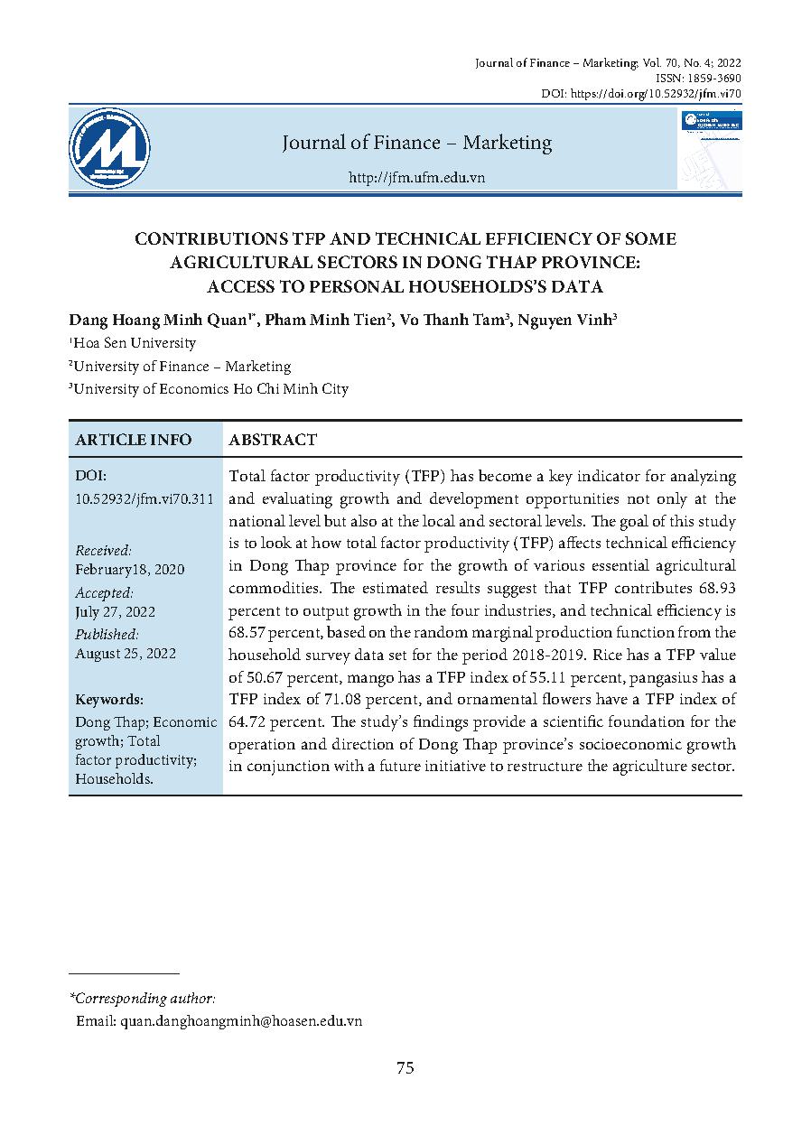 Đóng góp TFP và hiệu quả kỹ thuật của một số ngành hàng nông nghiệp tỉnh Đồng Tháp: Tiếp cận dữ liệu hộ cá thể = Contributions tfp and technical efficiency of some agricultural sectors in Dong Thap province: access to personal households’s data