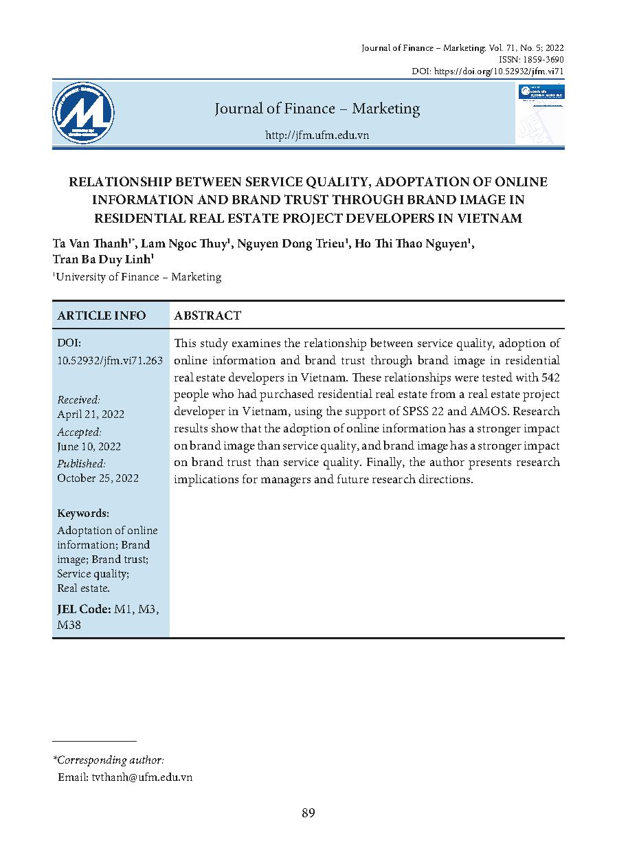 Mối quan hệ giữa chất lượng dịch vụ, tiếp nhận thông tin trực tuyến và niềm tin thương hiệu thông qua hình ảnh thương hiệu tại các doanh nghiệp phát triển dự ánbất động sản nhà ở tại Việt Nam = Relationship between service quality, adoption of online info