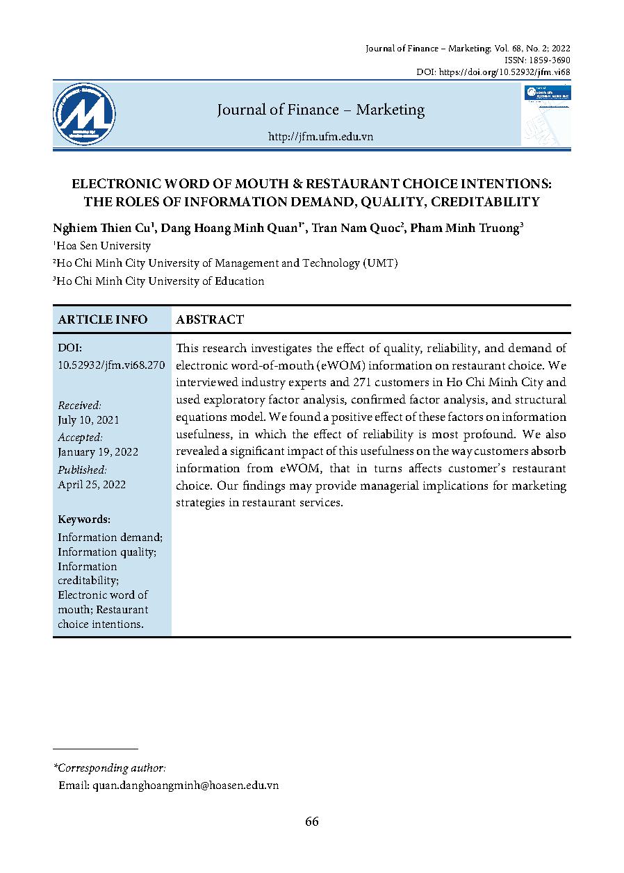 Truyền miệng trực tuyến và ý định lựa chọn nhà hàng: Vai trò của chất lượng, độ tin cậy và nhu cầu thông tin = Electronic word of mouth & restaurant choice intentions: the roles of information demand, quality, creditability