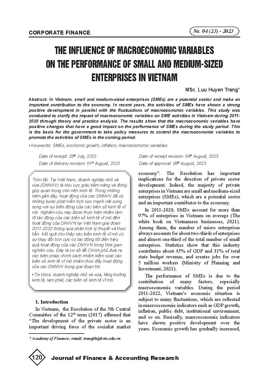 Ảnh hưởng của các biến số kinh tế vĩ mô đến hiệu quả hoạt động của các doanh nghiệp vừa và nhỏ tại Việt Nam = The influence of macroeconomic variables on the performance of small and medium-sized enterprises in Vietnam