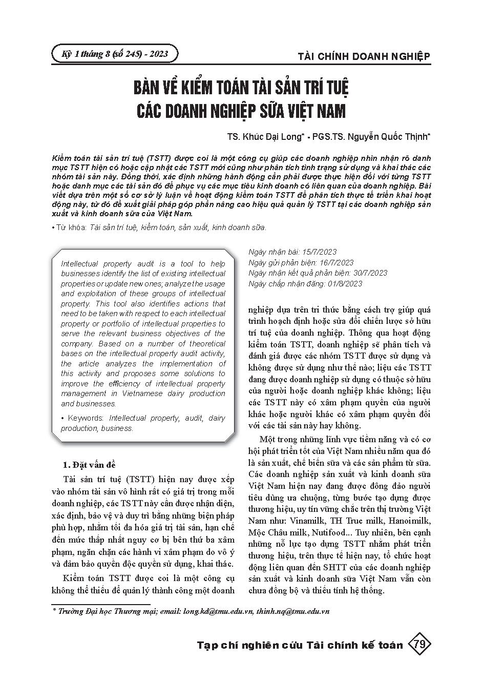 Bàn về kiểm toán tài sản trí tuệ các doanh nghiệp sữa Việt Nam = An overview of intellectual asset auditing in Vietnamese dairy enterprises