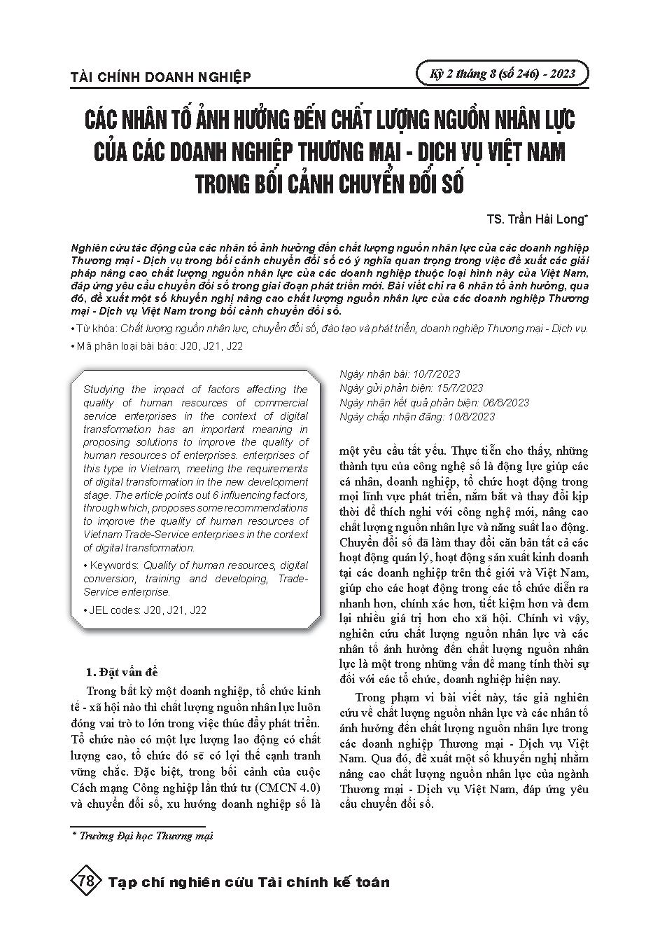 Các nhân tố ảnh hưởng đến chất lượng nguồn nhân lực của các doanh nghiệp Thương mại - Dịch vụ Việt Nam trong bối cảnh chuyển đổi số = Factors affecting the human resource quality of Vietnamese Trade and Service enterprises in the digital transformation co