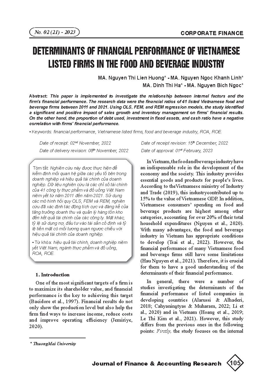 Các yếu tố ảnh hưởng tình hình tài chính của doanh nghiệp ngành thực phẩm và đồ uống niêm yết ở Việt Nam = Determinants of financial performance of Vietnamese listed firms in the food and beverage industry