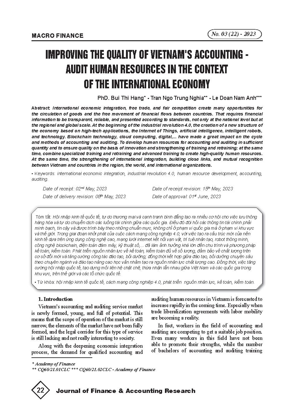 Cải thiện chất lượng nhân lực kế toán - kiểm toán ở Việt Nam trong bối cảnh kinh tế quốc tế = Improving the quality of Vietnam's accounting - Audit human resources in the context of the international economy