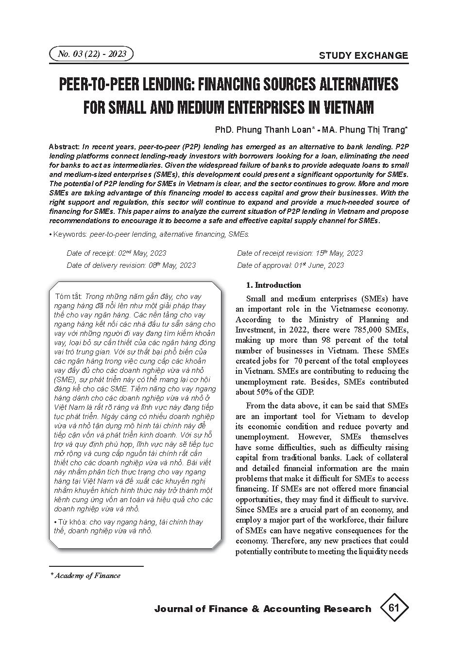 Cho vay ngang hàng giữa cá nhân: Nguồn tài trợ thay thế cho các doanh nghiệp nhỏ và vừa ở Việt Nam = Peer-to-peer lending: Financing sources alternatives for small and medium enterprises in Vietnam