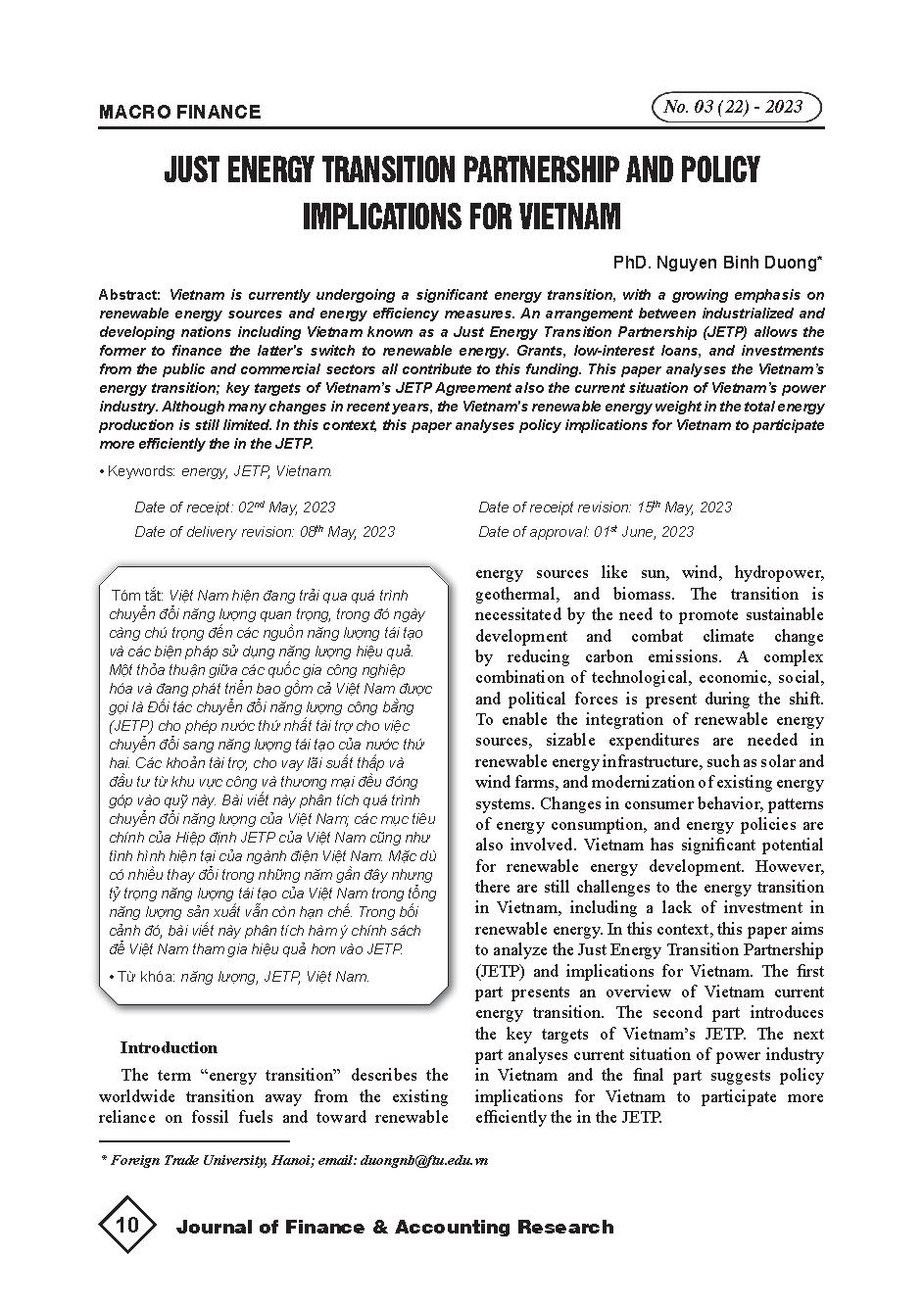 Đối tác và chính sách chuyển đổi năng lượng công bằng và các hàm ý chính sách cho Việt Nam = Just energy transition partnership and policy implications for Vietnam