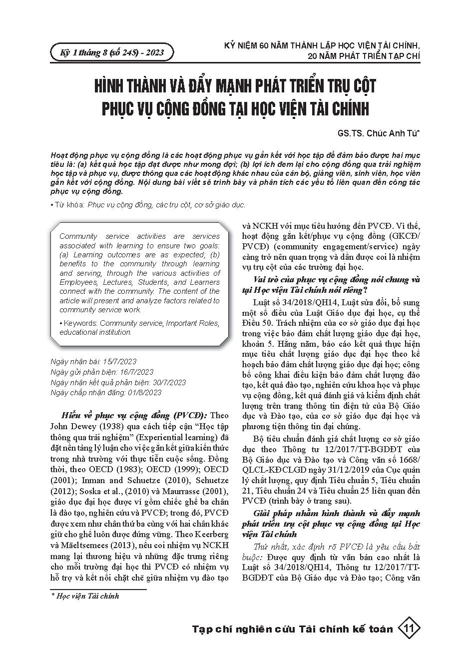 Hình thành và đẩy mạnh phát triển trụ cột phục vụ cộng đồng tại Học viện Tài chính = Formation and strengthening of the community service pillar at the Academy of Finance