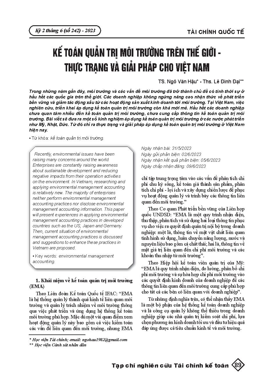 Kế toán quản trị môi trường trên thế giới - Thực trạng và giải pháp cho Việt Nam = Environmental management accounting worldwide - Current situation and solutions for Vietnam