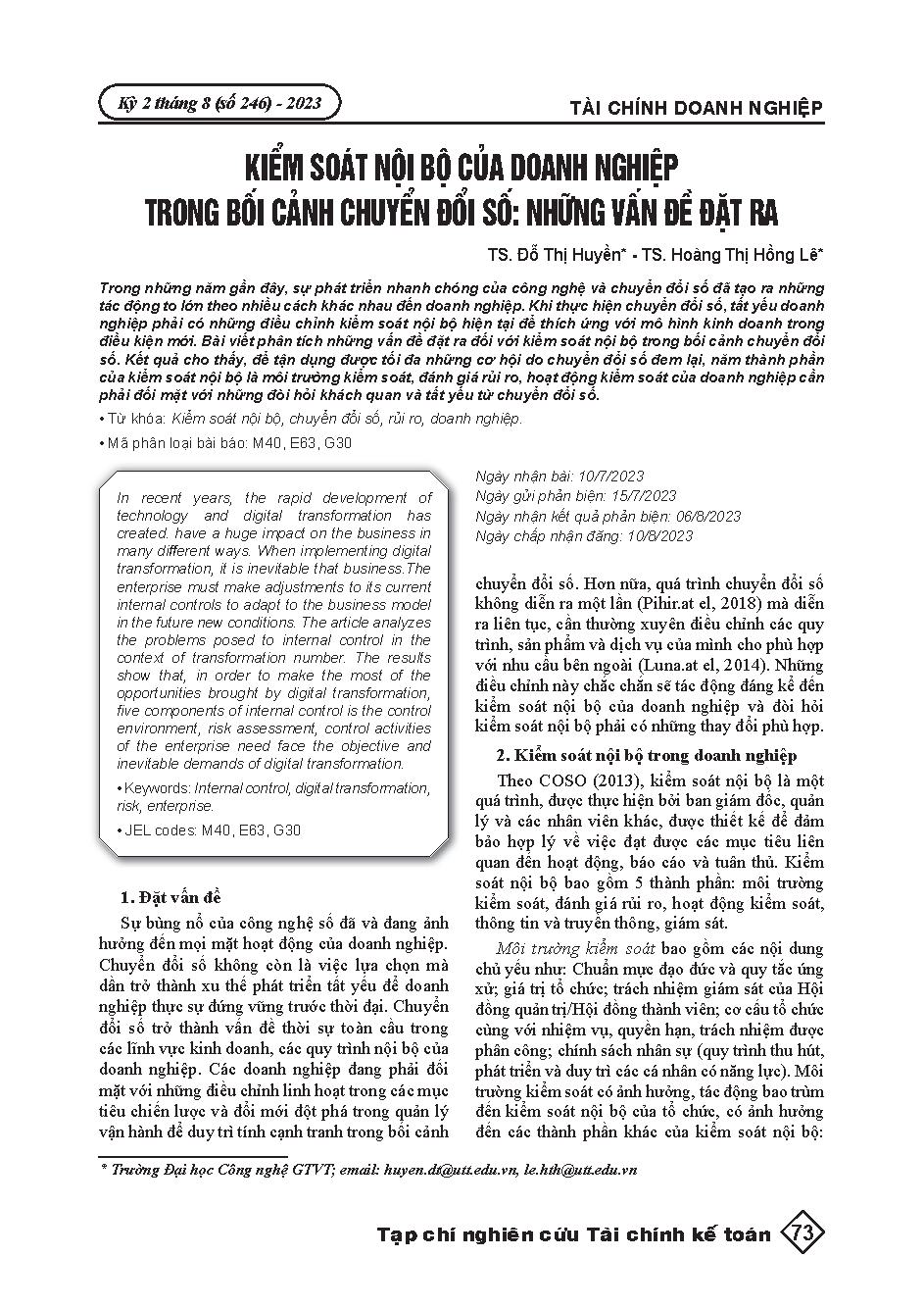 Kiểm soát nội bộ của doanh nghiệp trong bối cảnh chuyển đổi số: Những vấn đề đặt ra = Internal control of enterprises in the digital transformation context: Emerging issues