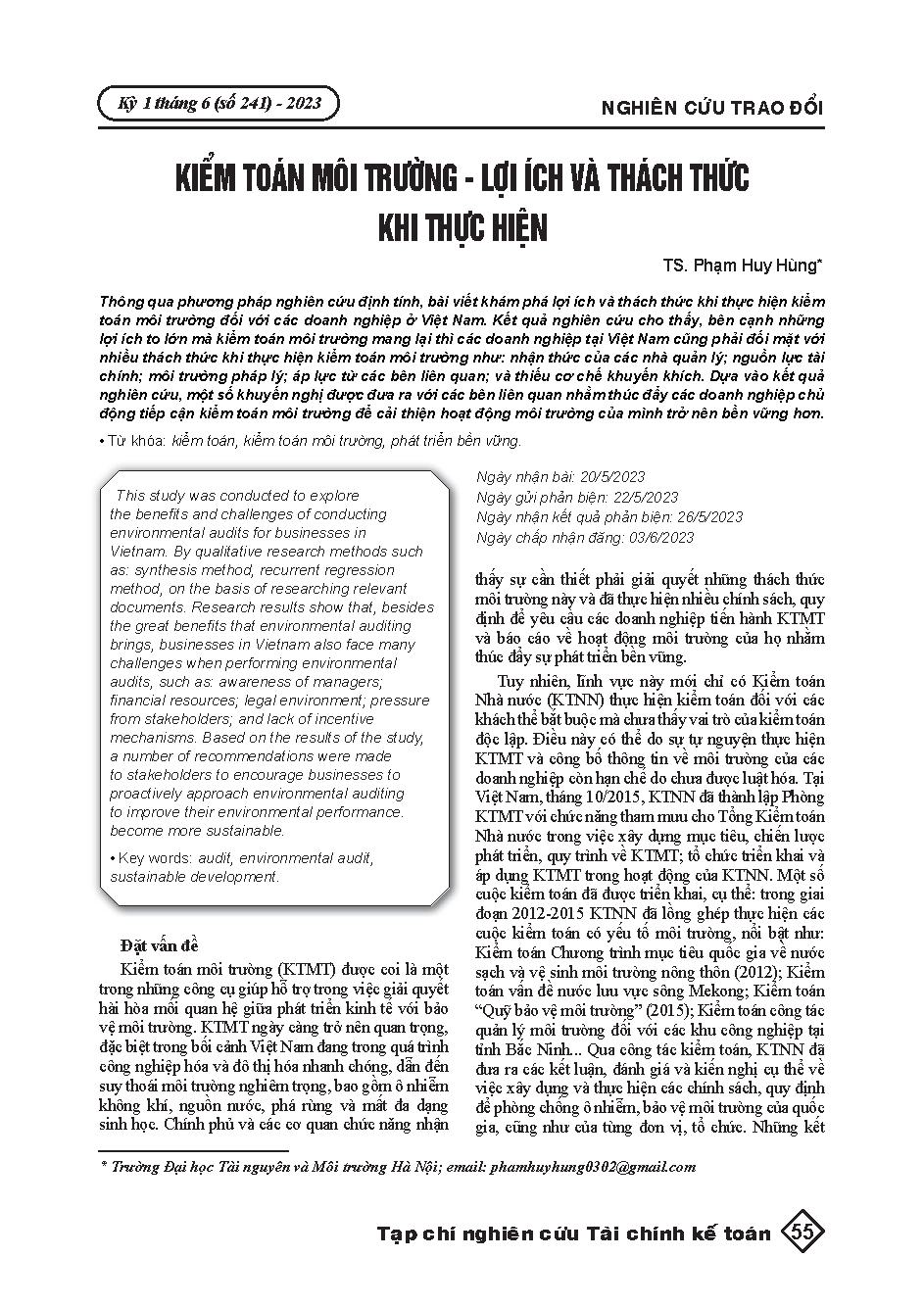 Kiểm toán môi trường - Lợi ích và thách thức khi thực hiện = Environmental auditing: Benefits and challenges in implementation