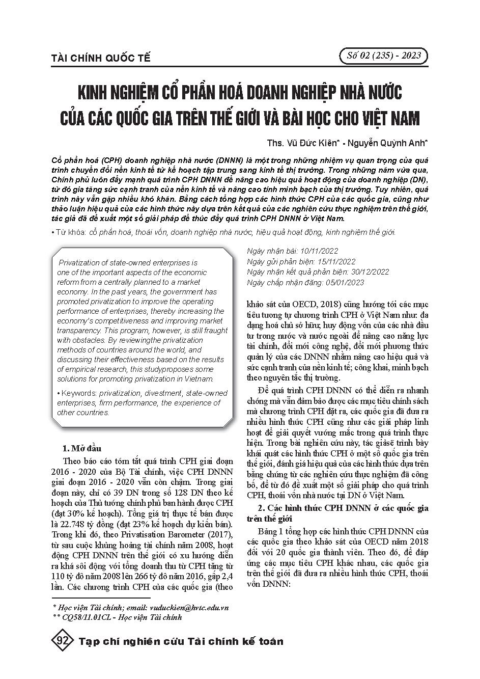 Kinh nghiệm cổ phần hoá doanh nghiệp nhà nước của các quốc gia trên thế giới và bài học cho Việt Nam = Experience of state-enterprises equitization of nations in the world and lessons for Vietnam