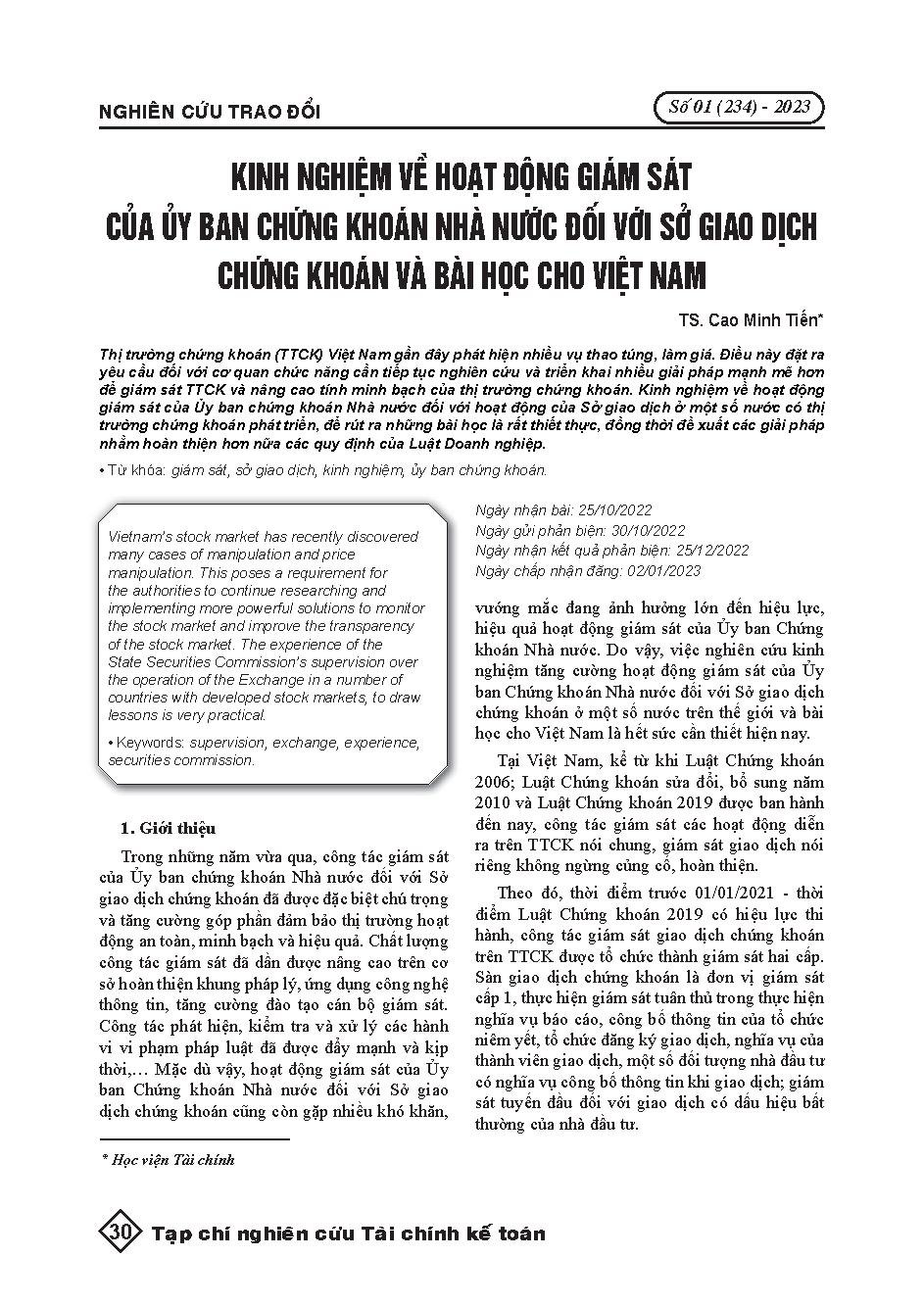Kinh nghiệm về hoạt động giám sát của Ủy ban Chứng khoán Nhà nước đối với sở giao dịch chứng khoán và bài học cho Việt Nam = Experience on supervision activities of the State Securities Commission on the stock exchange and lessons for Vietnam