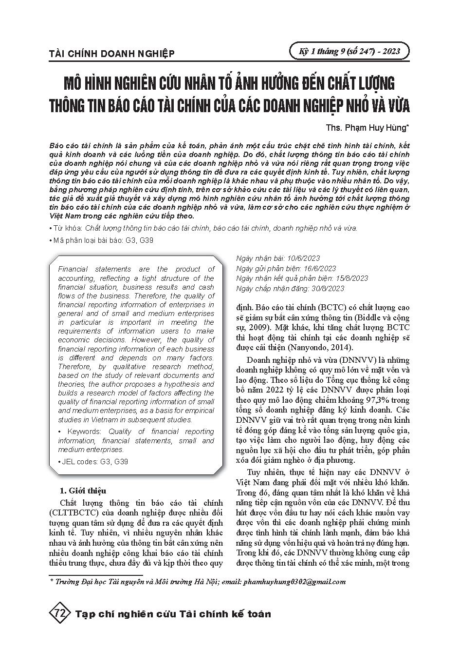 Mô hình nghiên cứu nhân tố ảnh hưởng đến chất lượng thông tin báo cáo tài chính của các doanh nghiệp nhỏ và vừa = Research model of factors affecting financial reporting quality of small and medium-sized enterprises