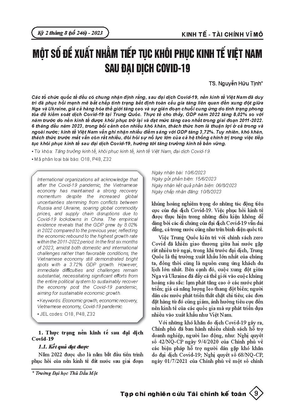 Một số đề xuất nhằm tiếp tục khôi phục kinh tế Việt Nam sau đại dịch Covid-19 = Proposals for Continuing Vietnam's Economic Recovery After the Covid-19 Pandemic