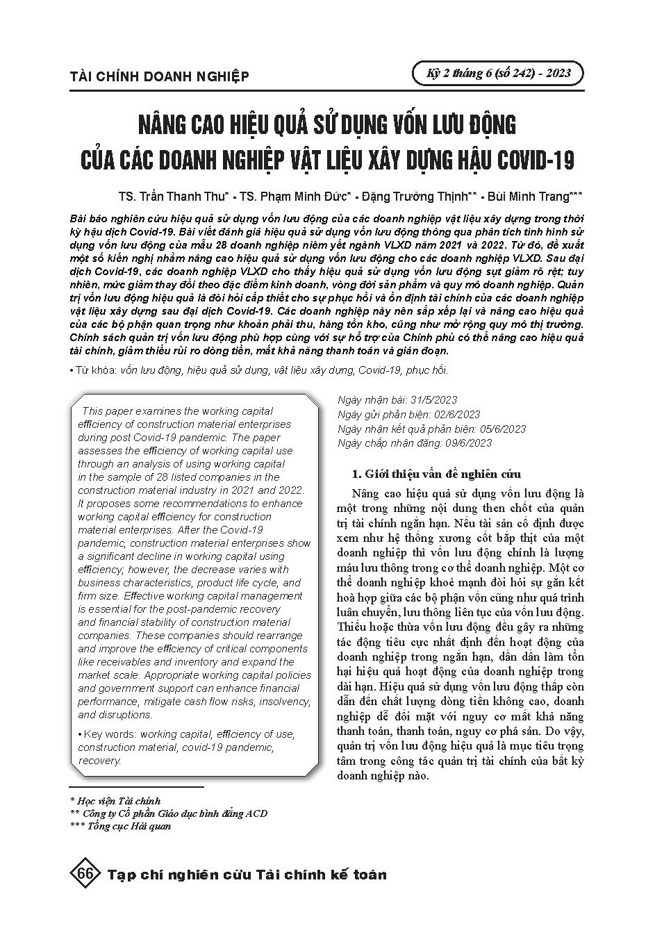 Nâng cao hiệu quả sử dụng vốn lưu động của các doanh nghiệp vật liệu xây dựng hậu Covid-19 = mproving the efficiency of working capital utilization of construction material enterprises post Covid-19