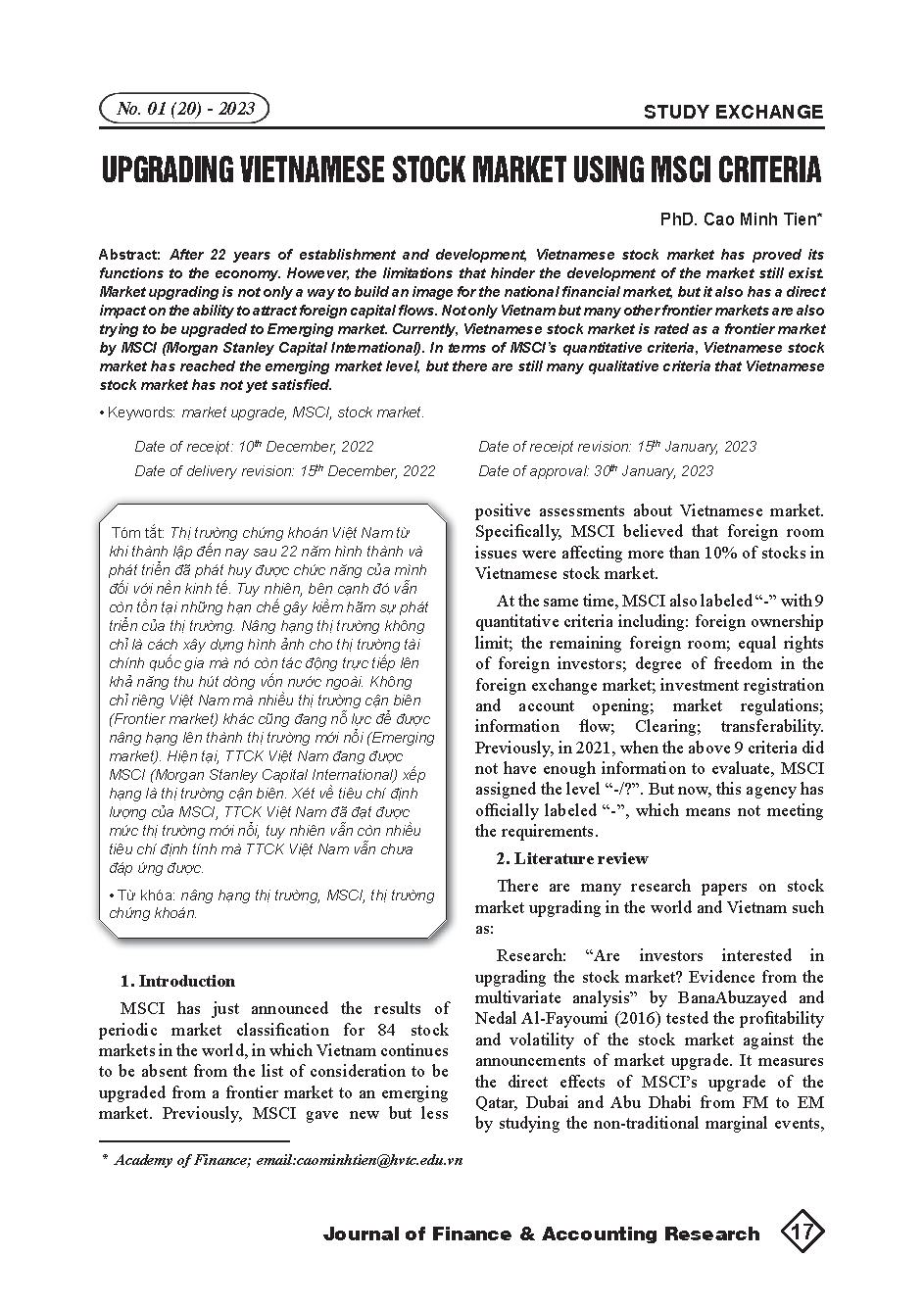 Nâng hạng thị trường chứng khoán Việt Nam theo tiêu chí của MSCI = Upgrading Vietnamese stock market using MSCI criteria