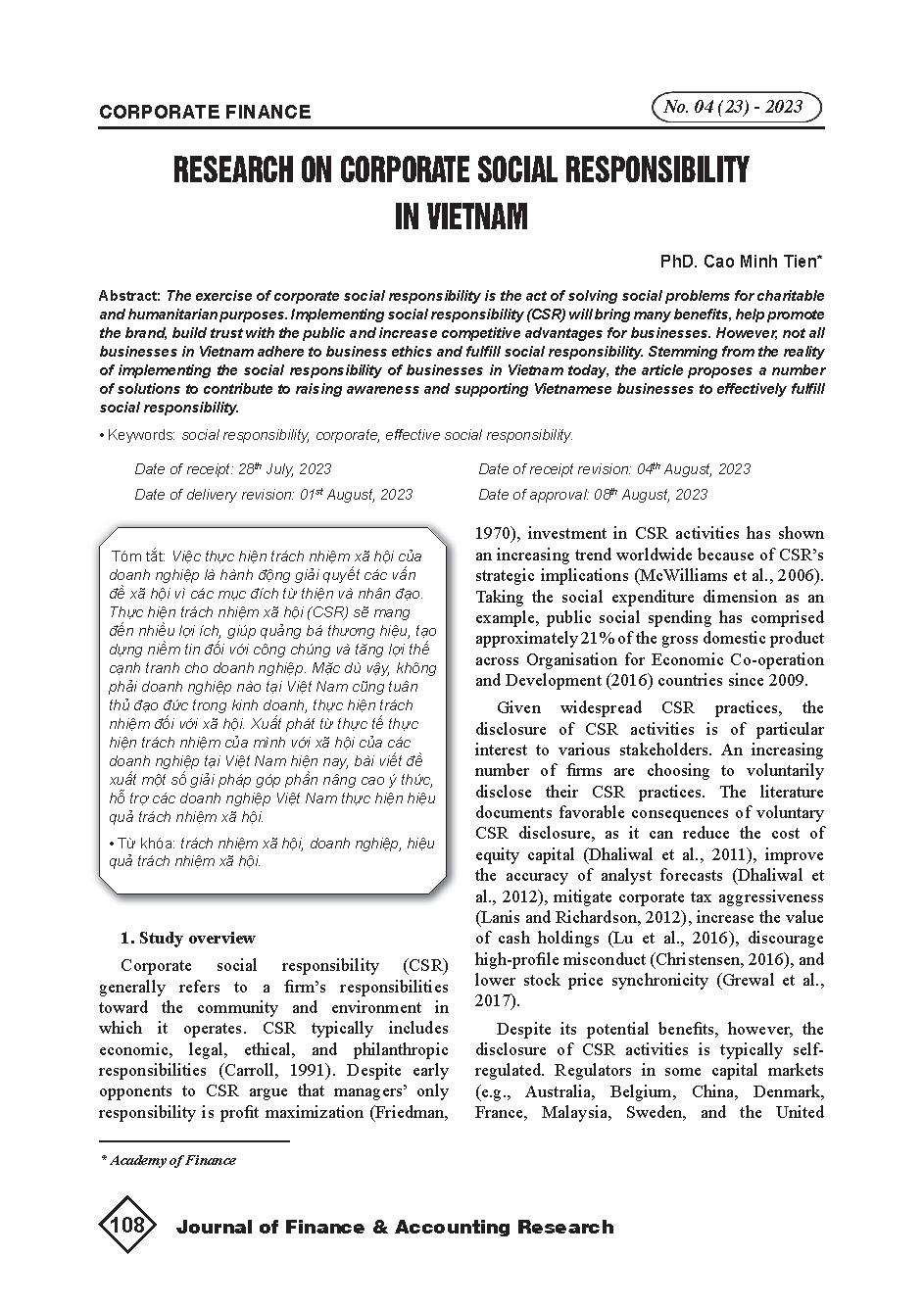 Nghiên cứu về trách nhiệm xã hội doanh nghiệp tại Việt Nam = Research on corporate social responsibility in Vietnam