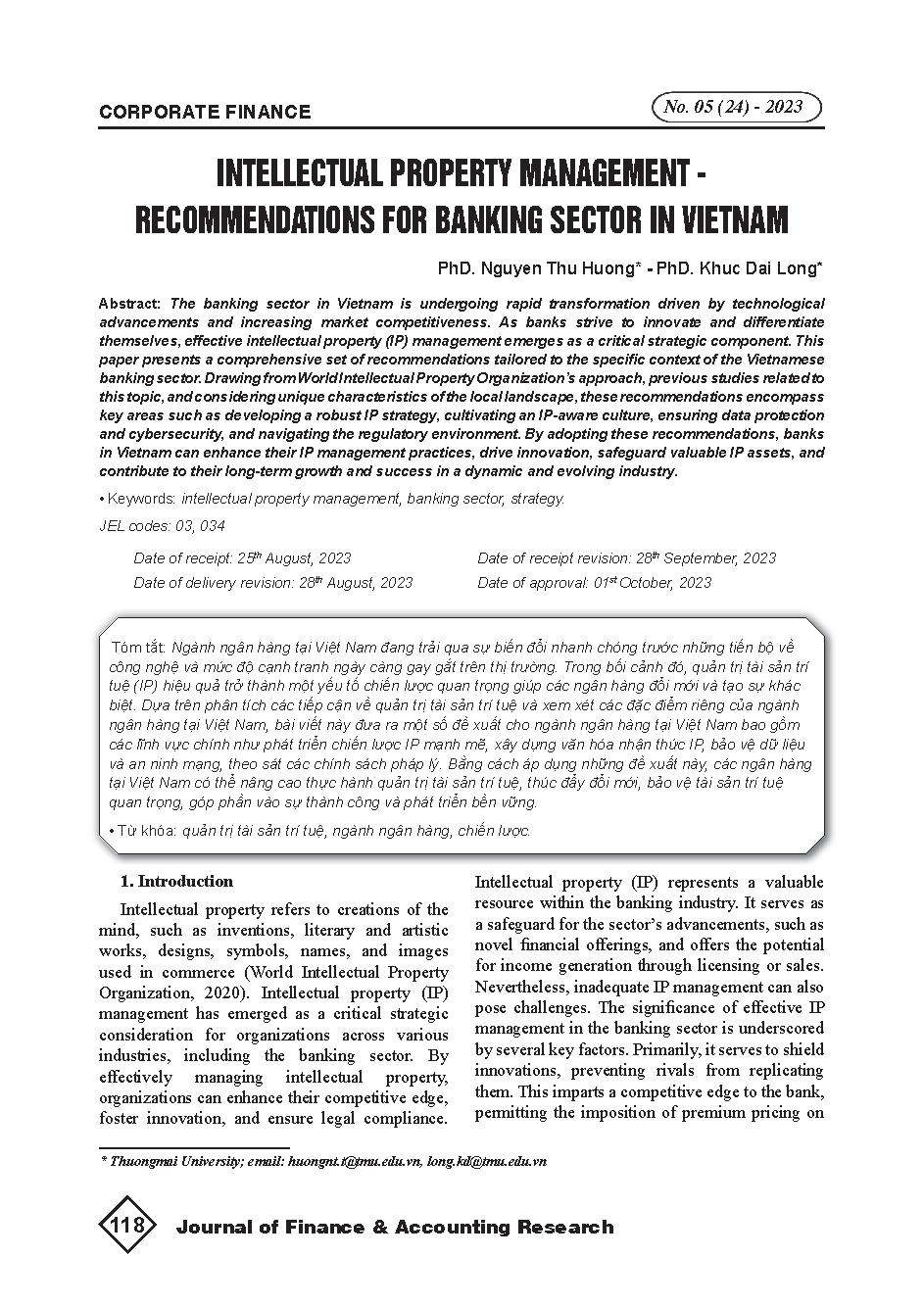 Quản lý sở hữu trí tuệ - Khuyến nghị cho ngành ngân hàng tại Việt Nam = Intellectual property management - Recommendations for banking sector in Vietnam