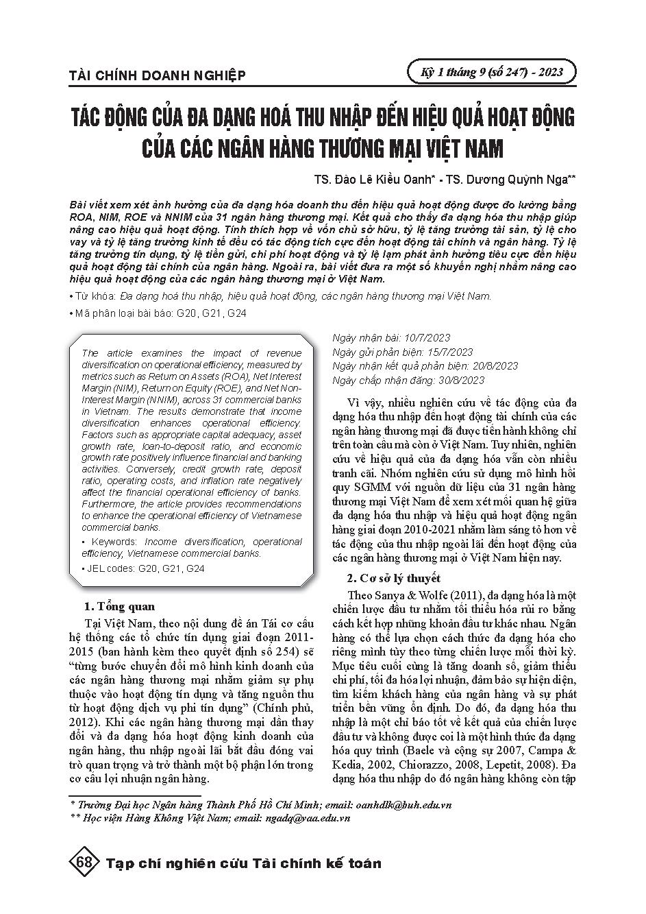 Tác động của đa dạng hoá thu nhập đến hiệu quả hoạt động của các ngân hàng thương mại Việt Nam = Effects of income diversification on the performance of vietnamese commercial banks