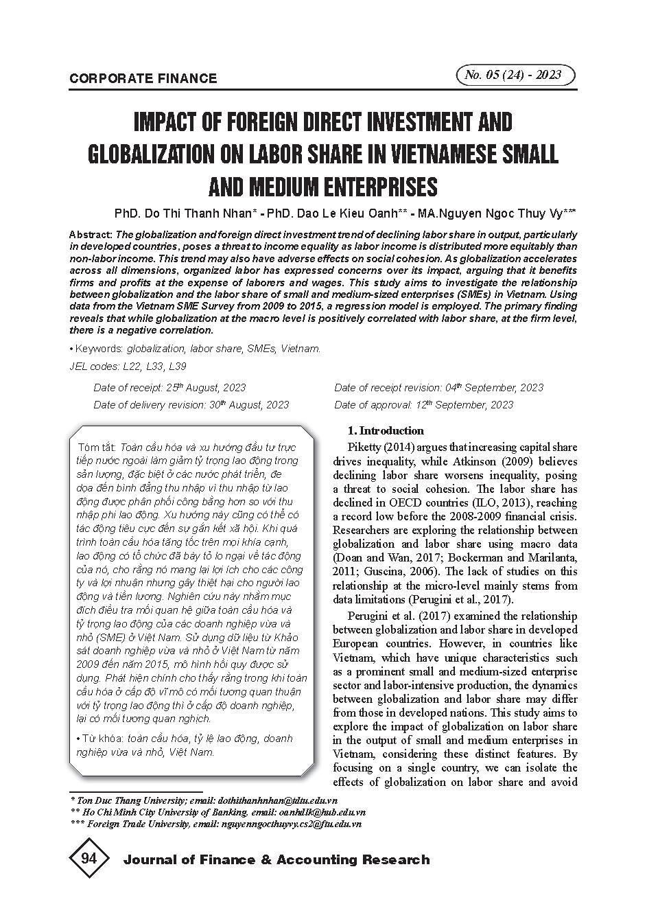 Tác động của đầu tư nước ngoài và toàn cầu hóa đối với tỷ lệ thu nhập lao động tại các doanh nghiệp nhỏ và vừa tại Việt Nam = Impact of foreign direct investment and globalization on labor share in Vietnamese small and medium enterprises