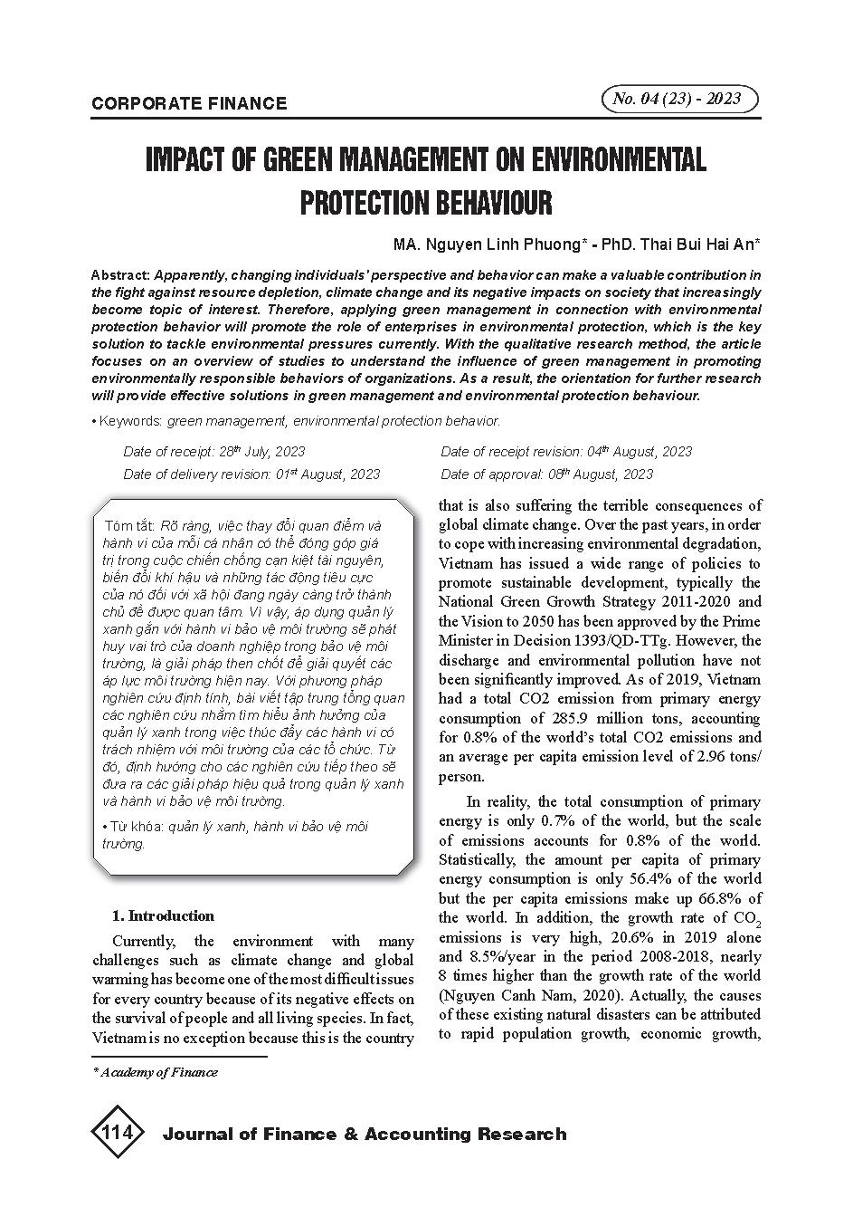 Tác động của quản lý xanh đến hành vi bảo vệ môi trường = Impact of green management on environmental protection behaviour