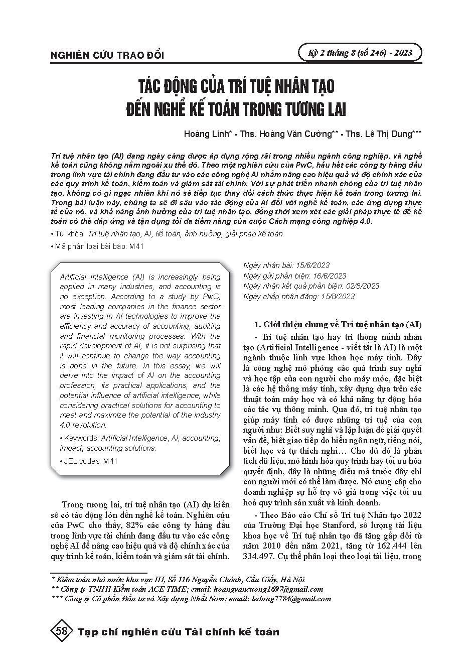 Tác động của trí tuệ nhân tạo đến nghề kế toán trong tương lai = The impact of artificial intelligence on the future of accounting