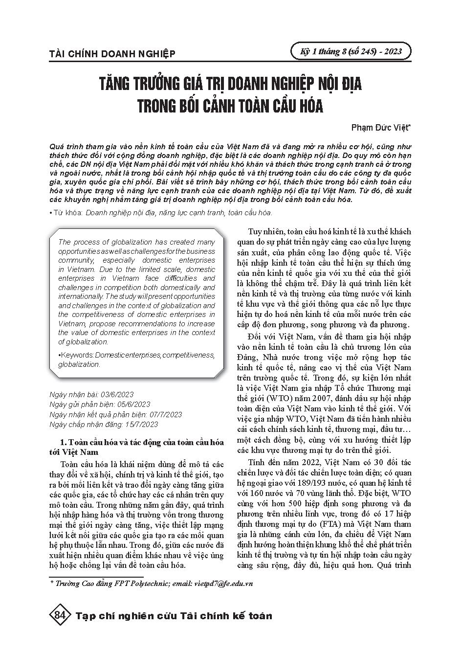 Tăng trưởng giá trị doanh nghiệp nội địa trong bối cảnh toàn cầu hóa = Domestic business value growth in the context of globalization